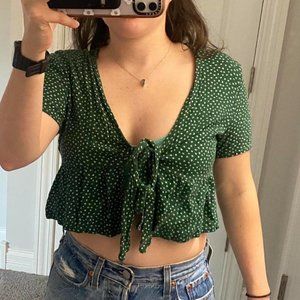 Green and White Tie Front Top